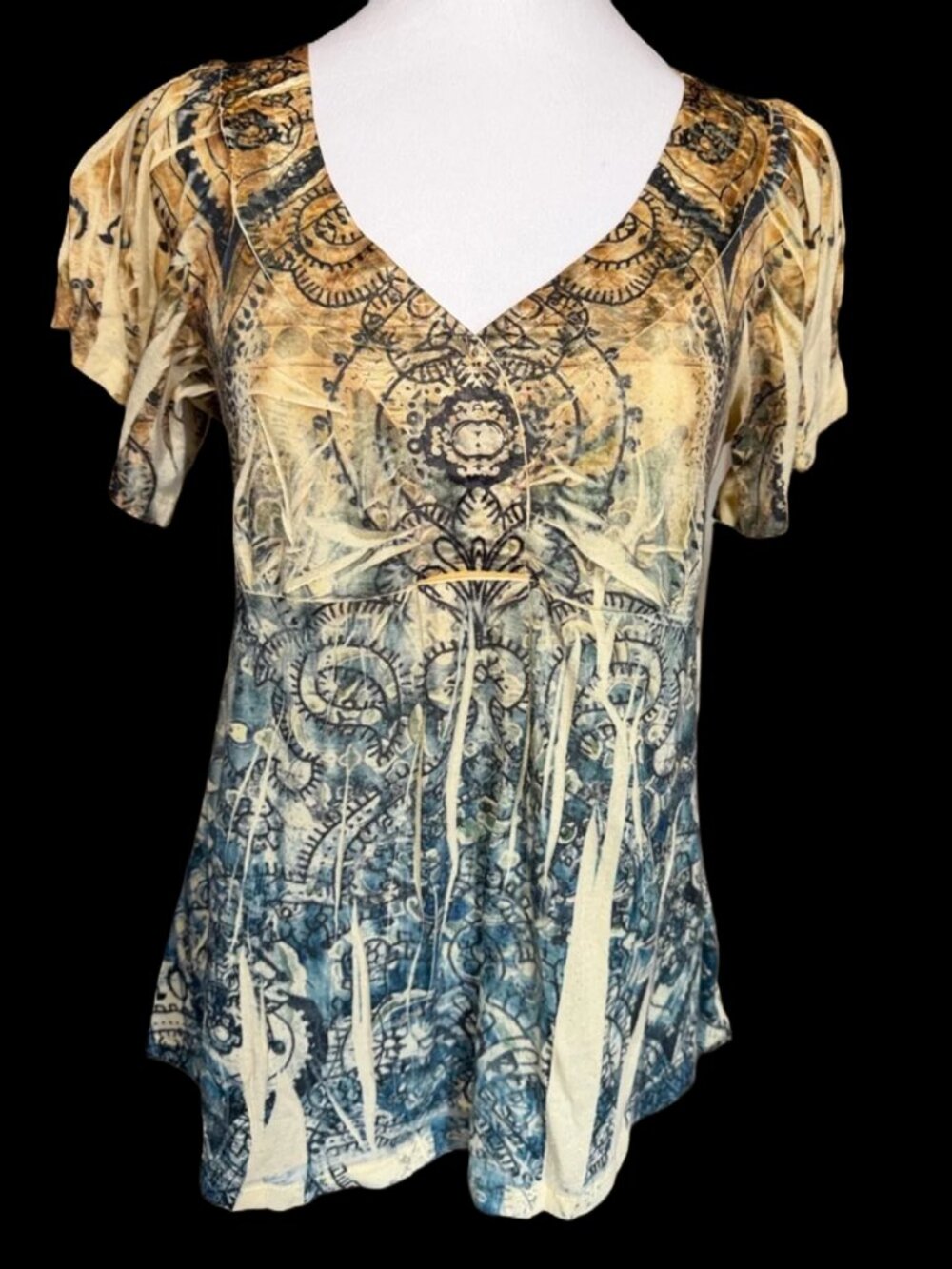 One World Boho Y2K Short Sleeve Tunic Blue-Yellow Size S Vintage